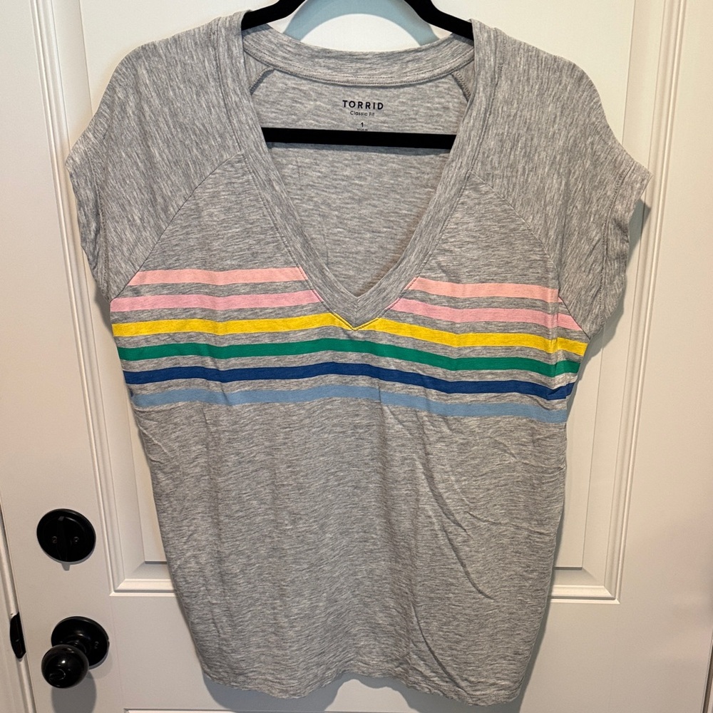 Torrid Gray V-Neck Tee with Colorful Stripes